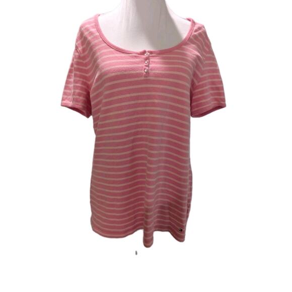Tommy Hilfiger Shirt Women's Pink Striped V-neck Short Sleeves Tshirt Size XL - Picture 1 of 12